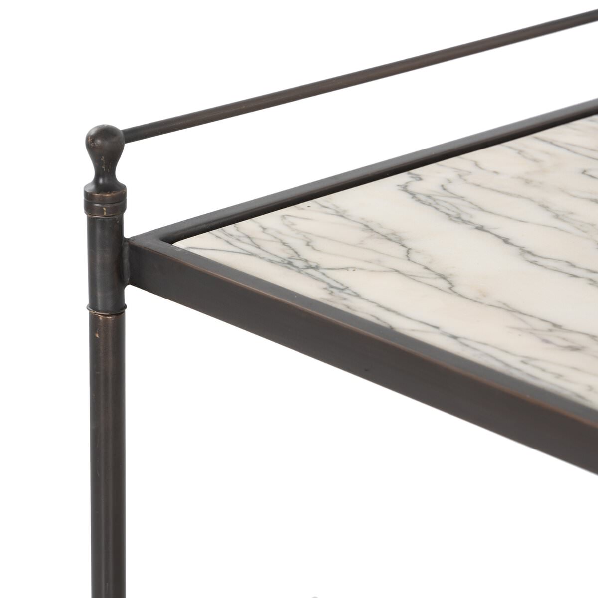 Close up of Four Hands Eisen Nightstand in Wavy White Marble on a white background at Addison West