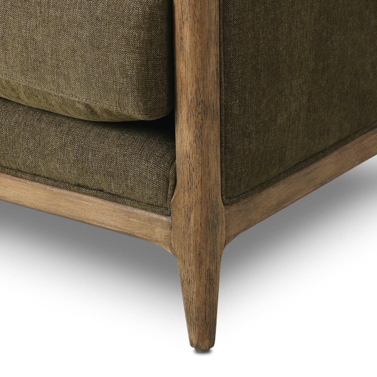 Close up of Four Hands Ellsworth Sofa in Sutton Olive on a white background at Addison West