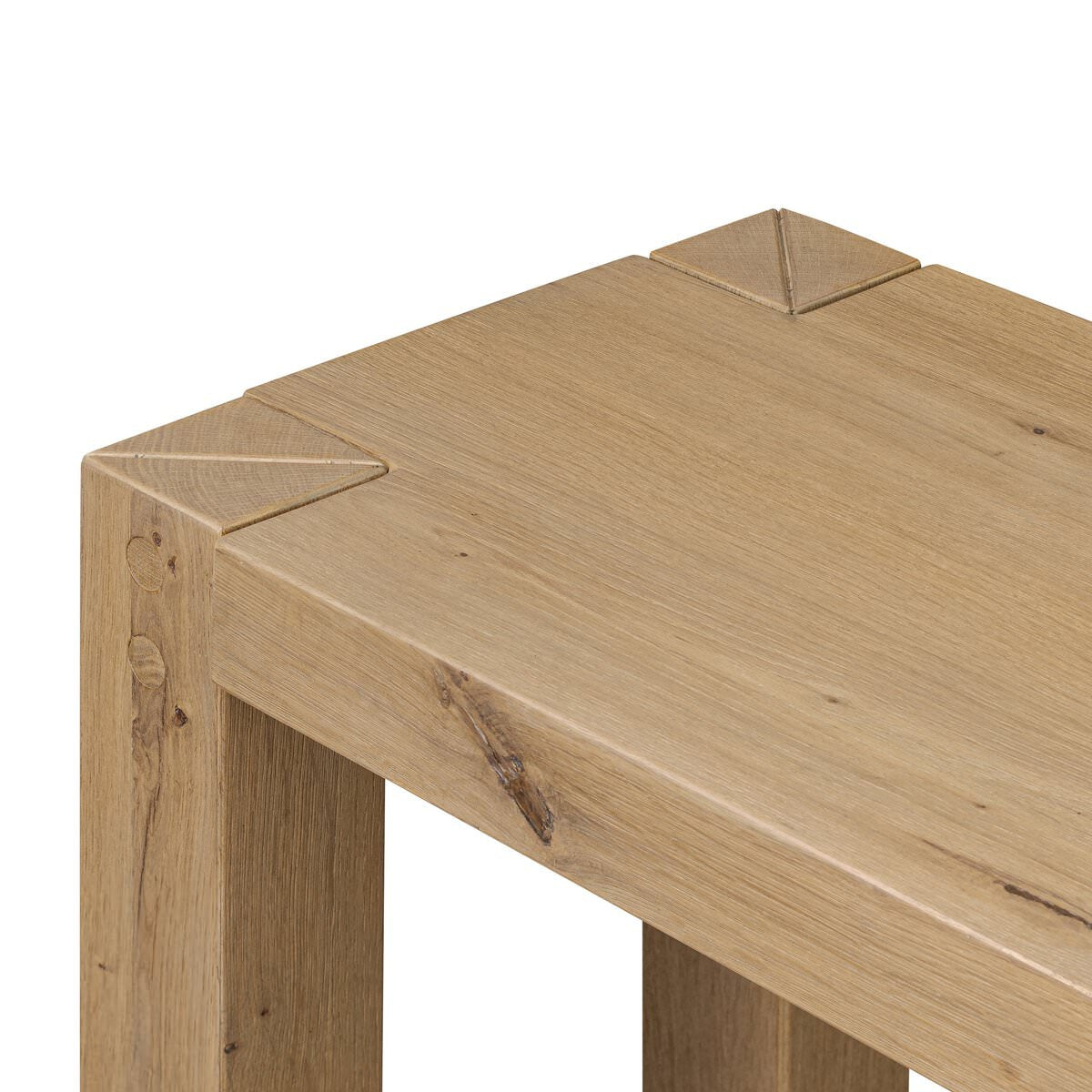 Close up of Four Hands Emmer Console Table in Aged Smoked Oak on a white background at Addison West