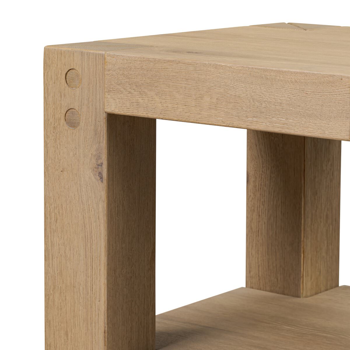 Close up of Four Hands Emmer End Table in Aged Smoked Oak on a white background at Addison West