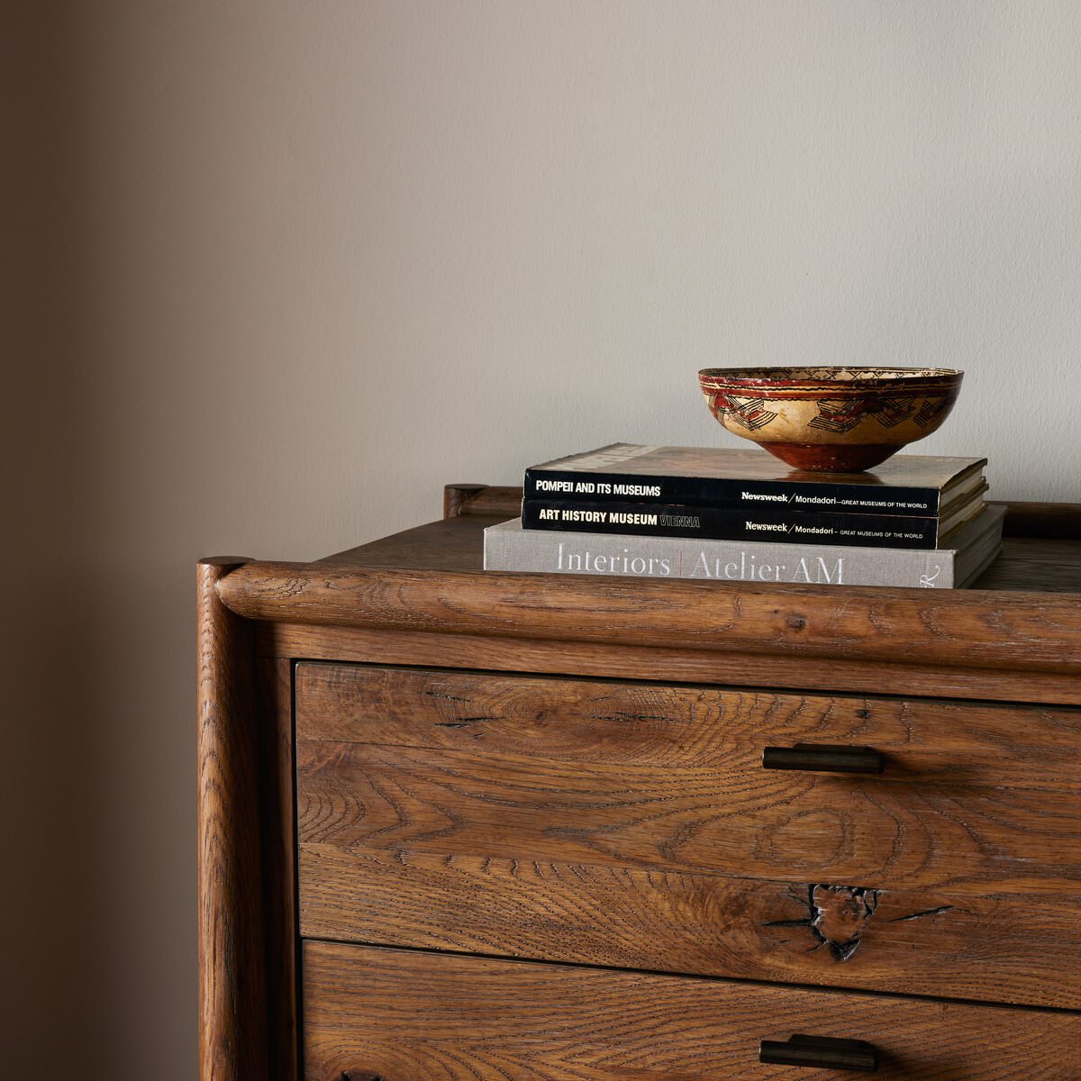 Close up of Four Hands Glenview 6 Drawer Dresser in Weathered Oak Veneer on a white background at Addison West