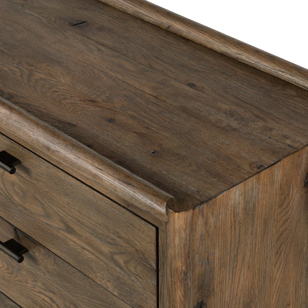Close up of Four Hands Glenview 6 Drawer Dresser in Weathered Oak Veneer on a white background at Addison West