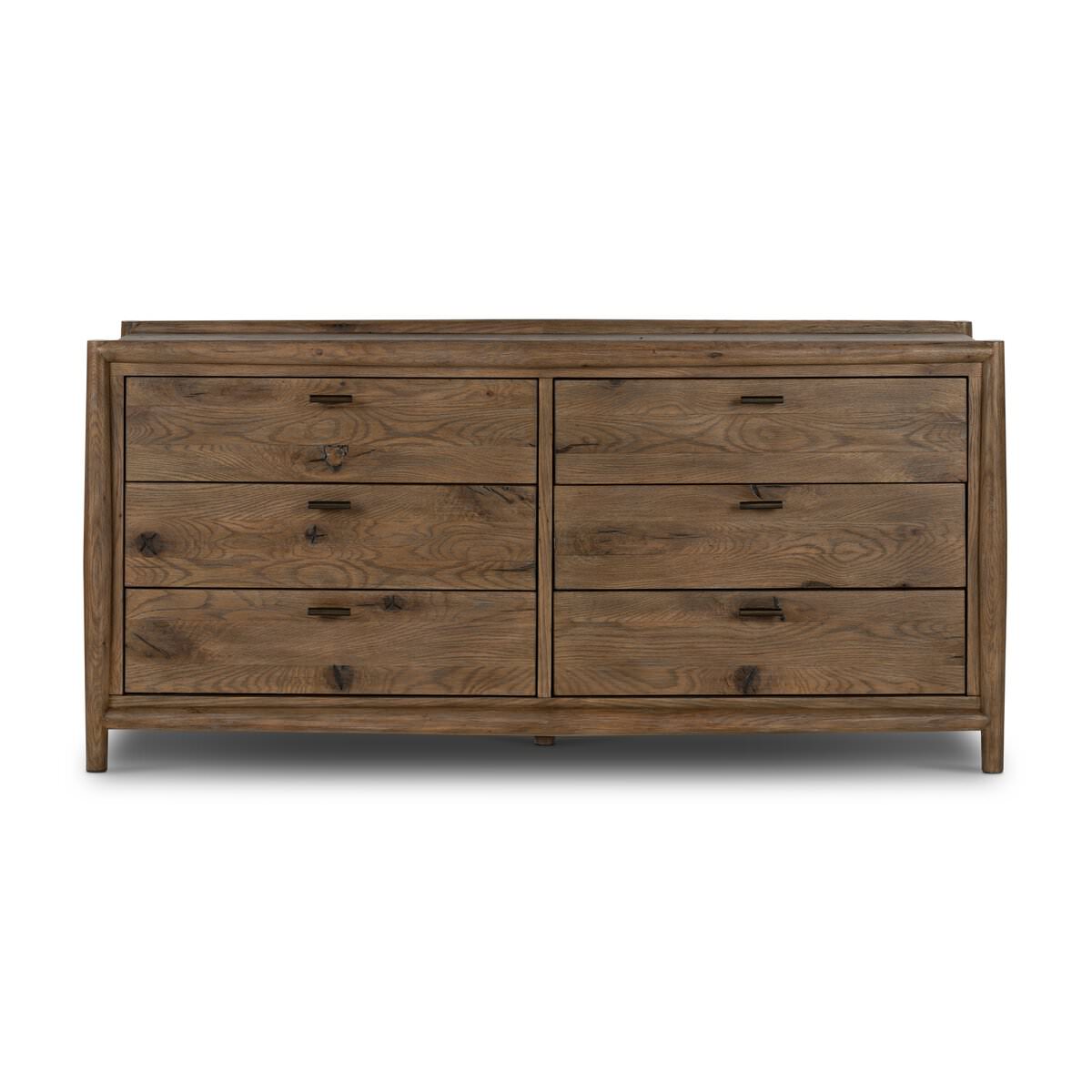 Four Hands Glenview 6 Drawer Dresser in Weathered Oak Veneer on a white background at Addison West
