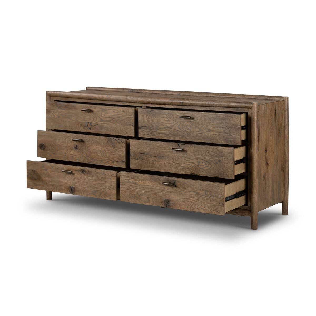 Four Hands Glenview 6 Drawer Dresser in Weathered Oak Veneer on a white background at Addison West
