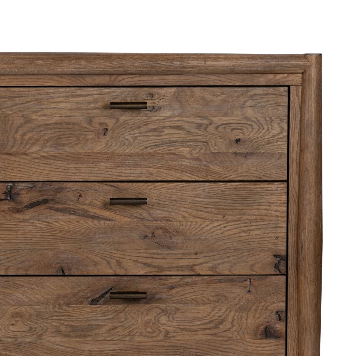 Close up of Four Hands Glenview 9 Drawer Dresser in Weathered Oak Veneer on a white background at Addison West