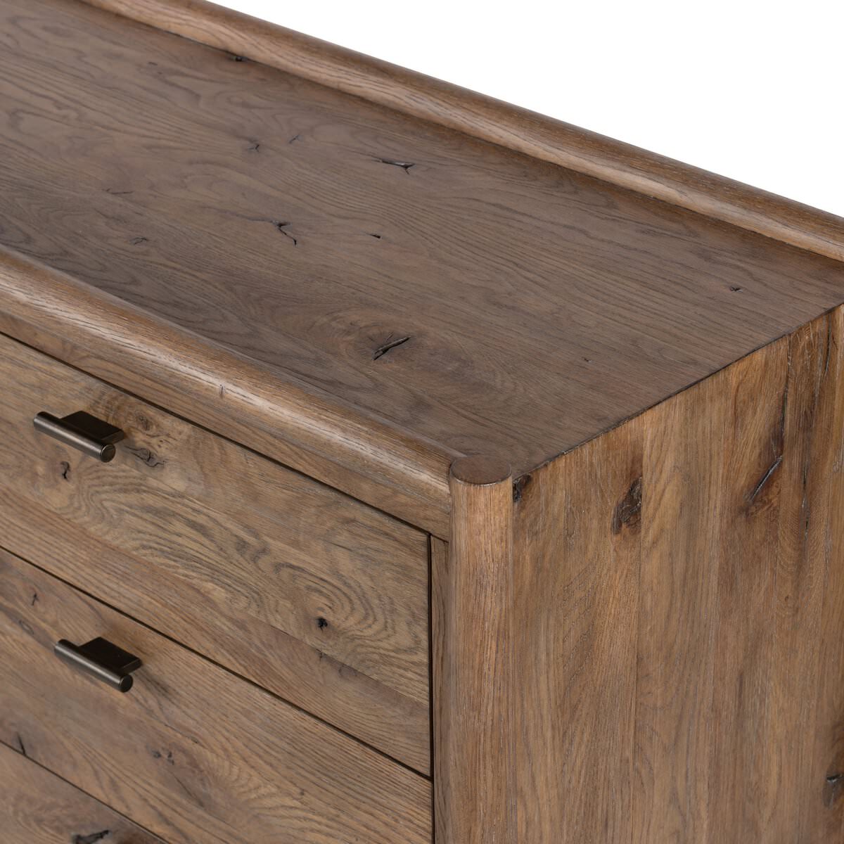 Close up of Four Hands Glenview 9 Drawer Dresser in Weathered Oak Veneer on a white background at Addison West