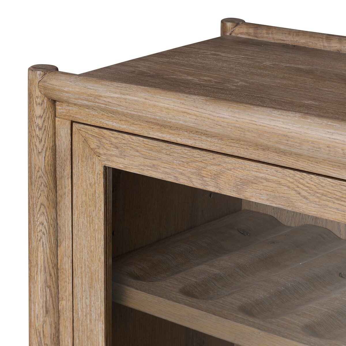 Close up of Four Hands Glenview Bar Cabinet in Weathered Oak on a white background at Addison West