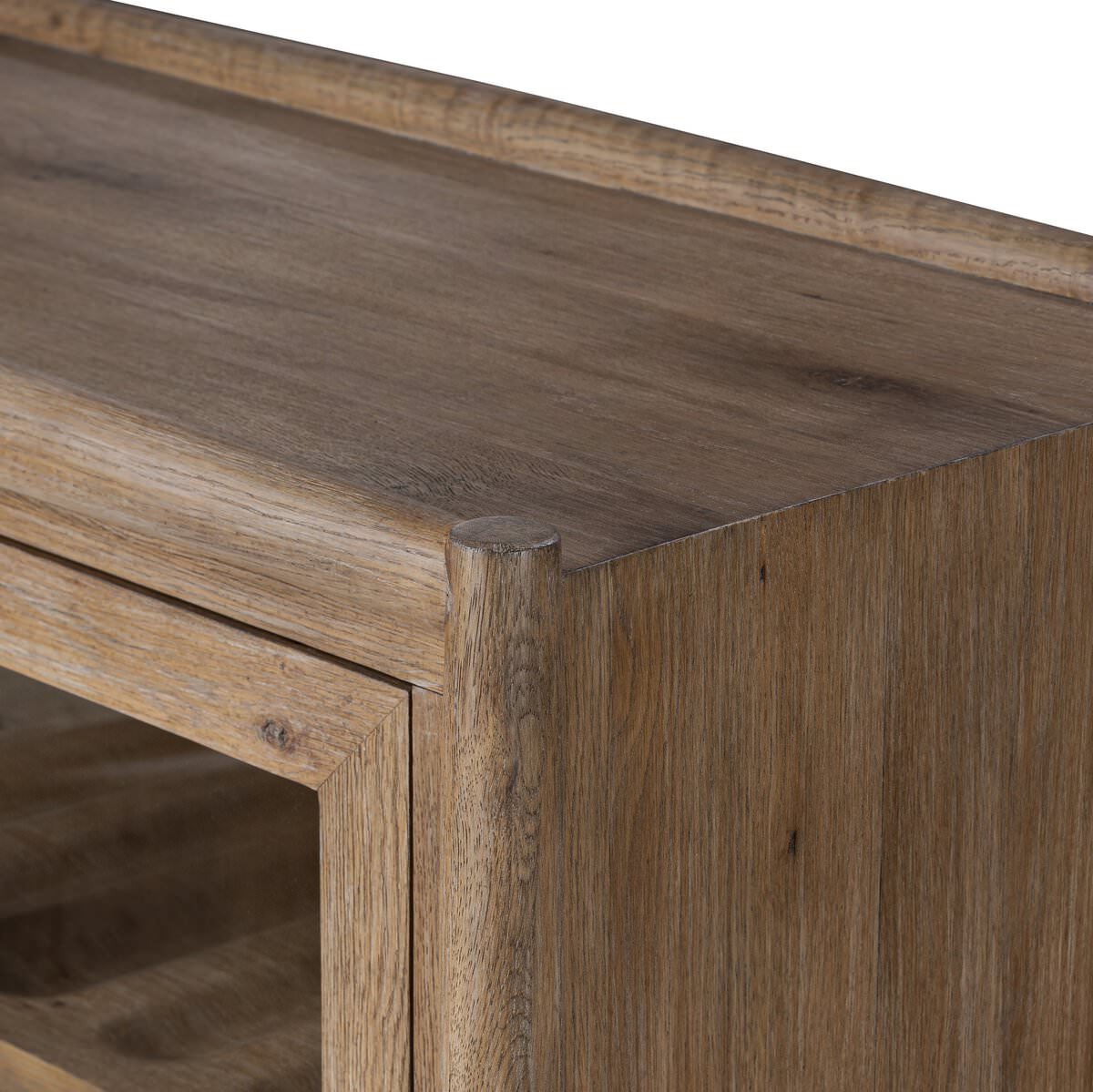 Close up of Four Hands Glenview Bar Cabinet in Weathered Oak on a white background at Addison West