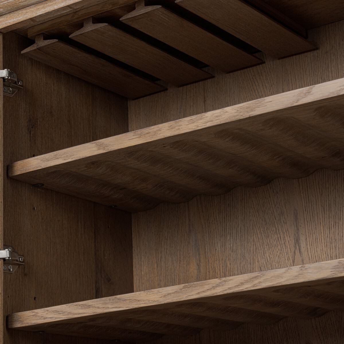 Close up of Four Hands Glenview Bar Cabinet in Weathered Oak at Addison West