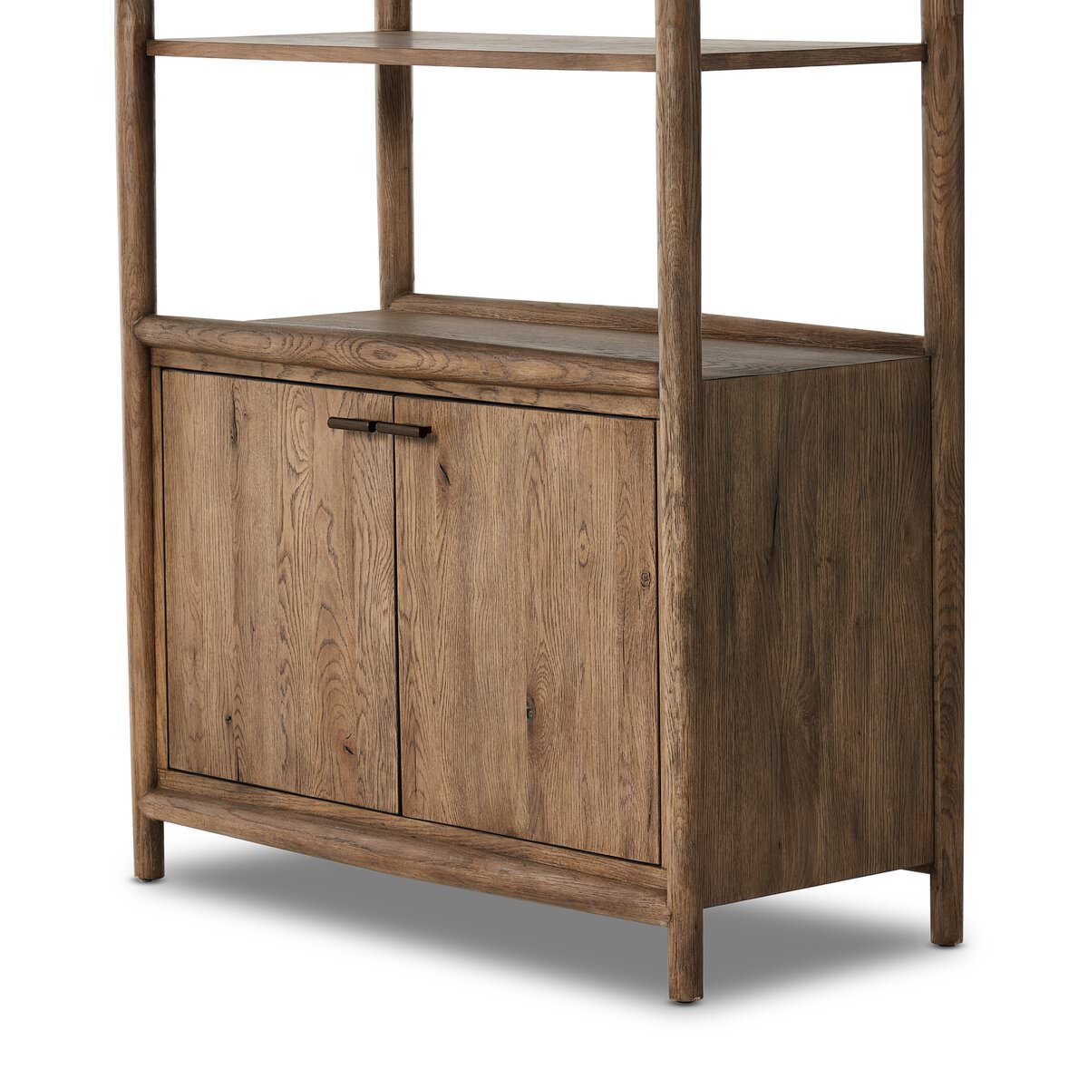 Close up of Four Hands Glenview Bookcase in Weathered Oak on a white background