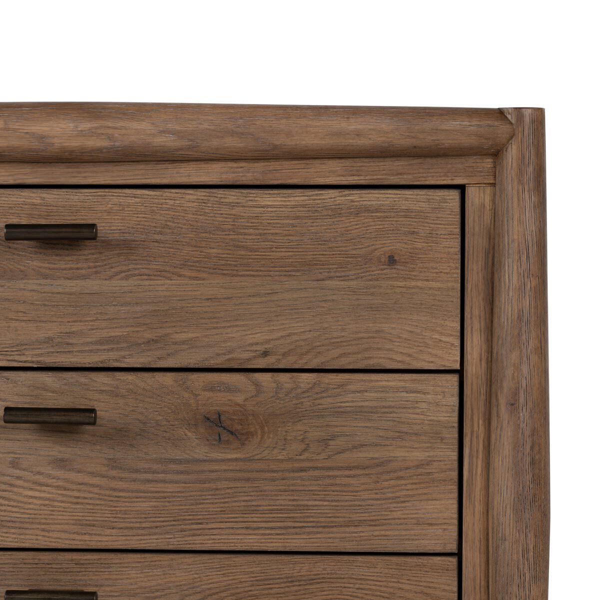 Close up of Four Hands Glenview Nightstand in Weathered Oak Veneer on a white background at Addison West