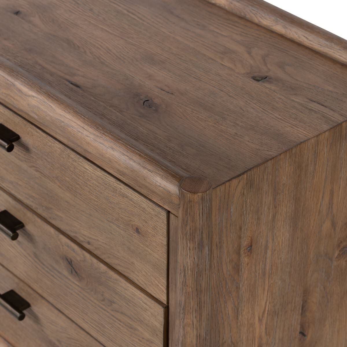 Close up of Four Hands Glenview Nightstand in Weathered Oak Veneer on a white background at Addison West