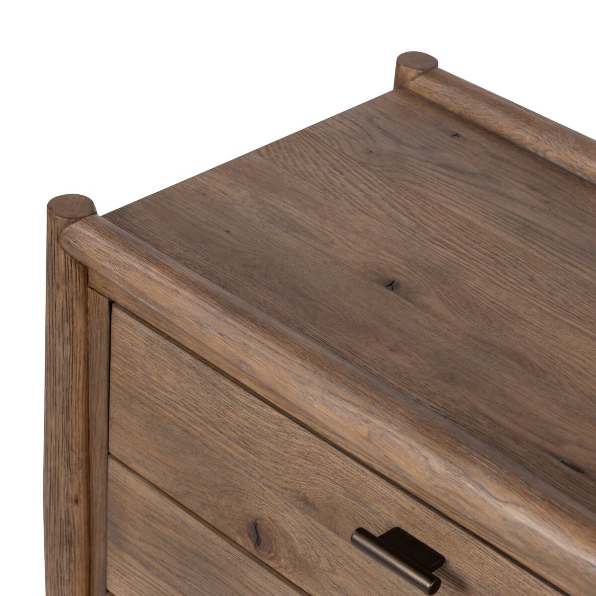 Close up of Four Hands Glenview Nightstand in Weathered Oak Veneer on a white background at Addison West