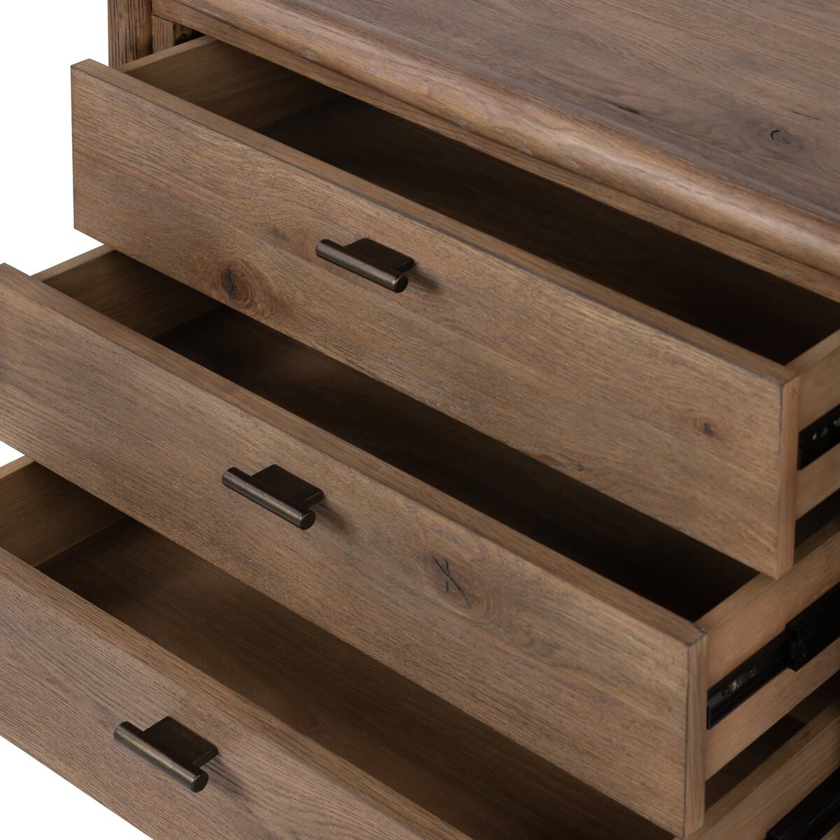 Close up of Four Hands Glenview Nightstand in Weathered Oak Veneer on a white background at Addison West