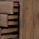 Close up of Four Hands Glenview Nightstand in Weathered Oak Veneer on a white background at Addison West
