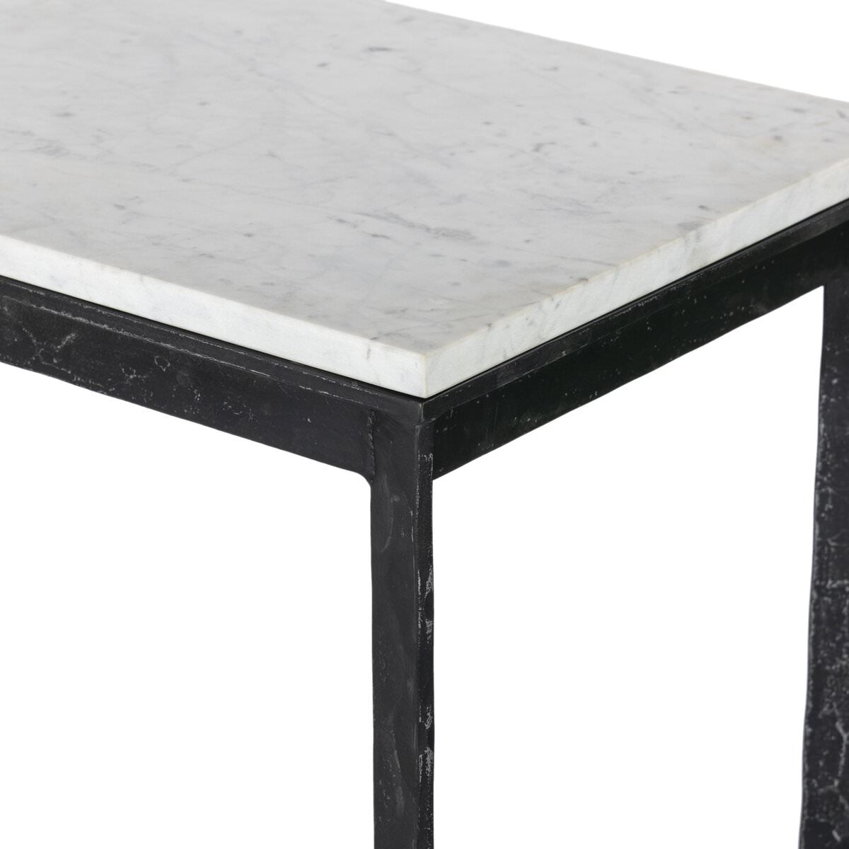 Close up of Four Hands Hammered Iron Console Table in White Marble on a white background at Addison West