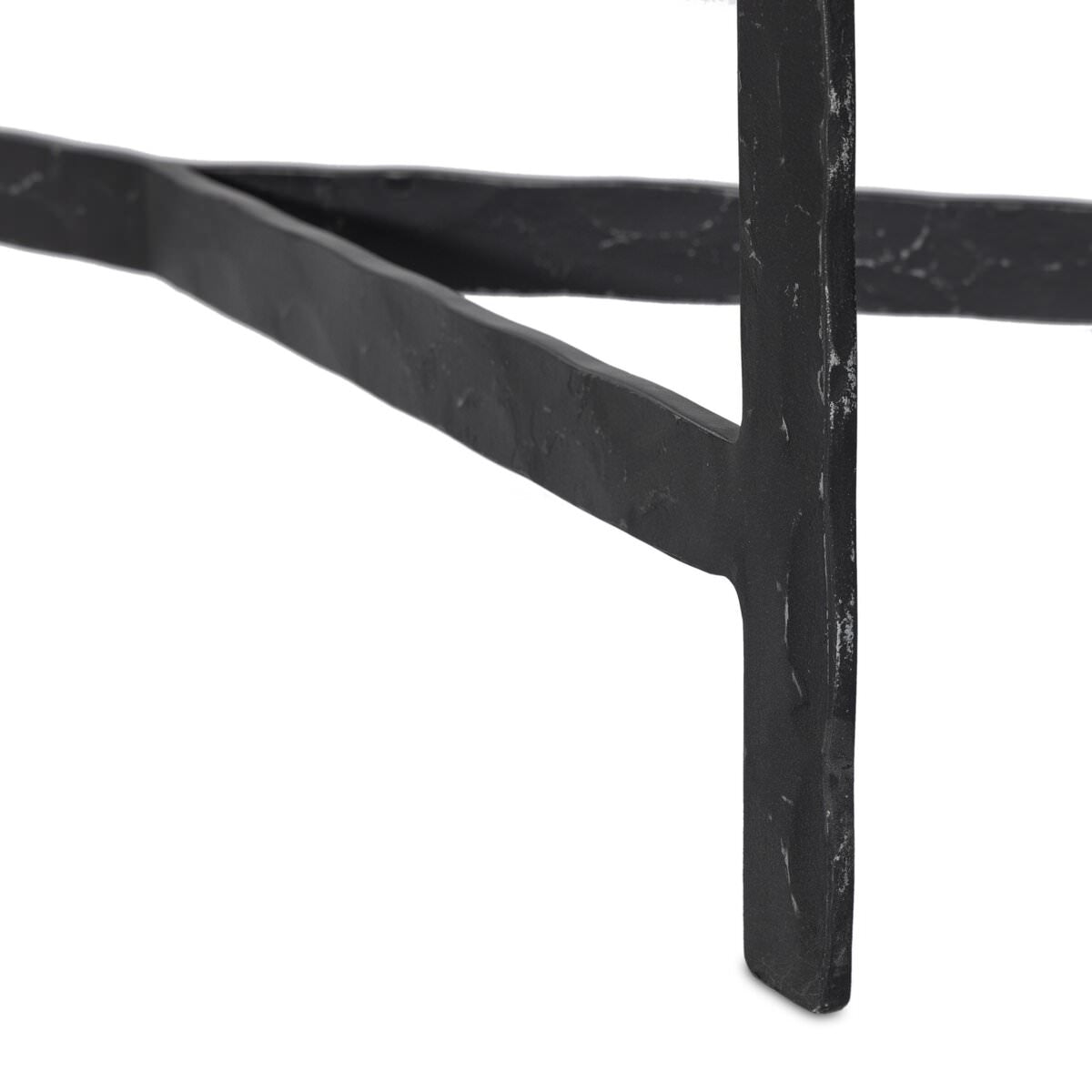 Close up of Four Hands Hammered Iron Console Table in White Marble on a white background at Addison West