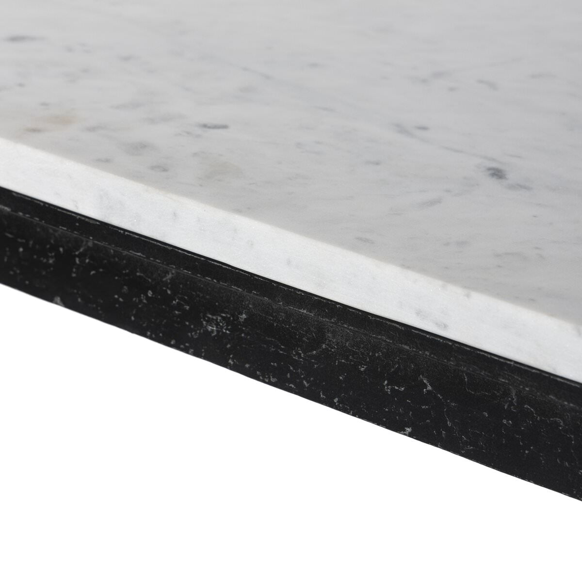 Close up of Four Hands Hammered Iron Console Table in White Marble on a white background at Addison West