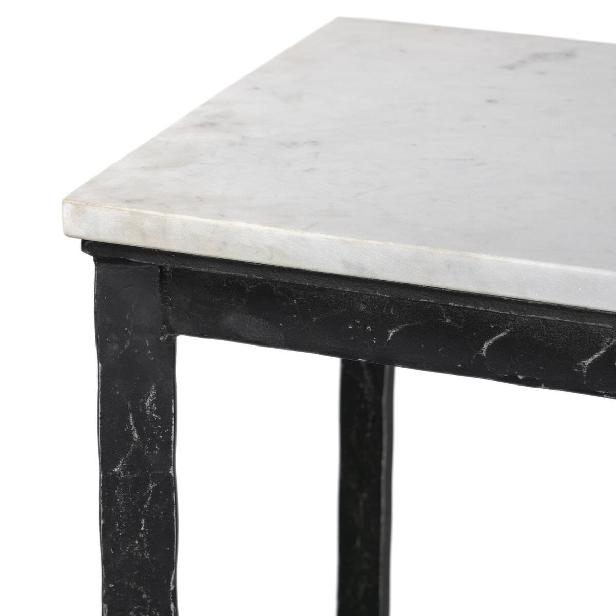 Close up of Four Hands Hammered Iron Console Table in White Marble on a white background at Addison West