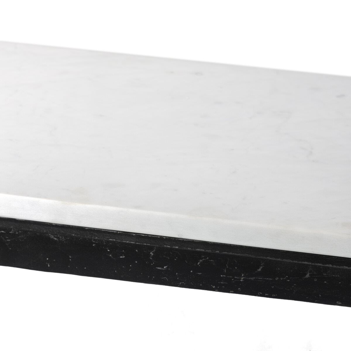 Close up of Four Hands Hammered Iron Console Table in White Marble on a white background at Addison West