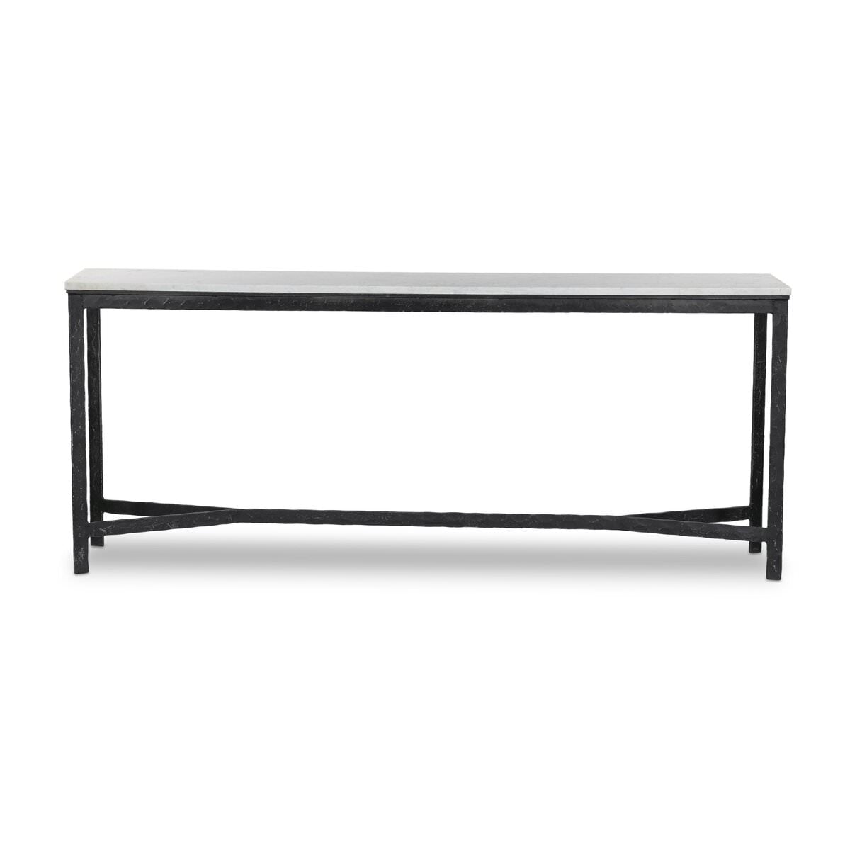 Four Hands Hammered Iron Console Table in White Marble on a white background at Addison West