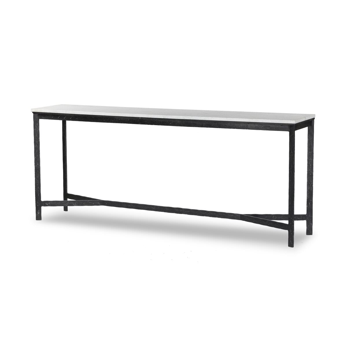 Four Hands Hammered Iron Console Table in White Marble on a white background at Addison West