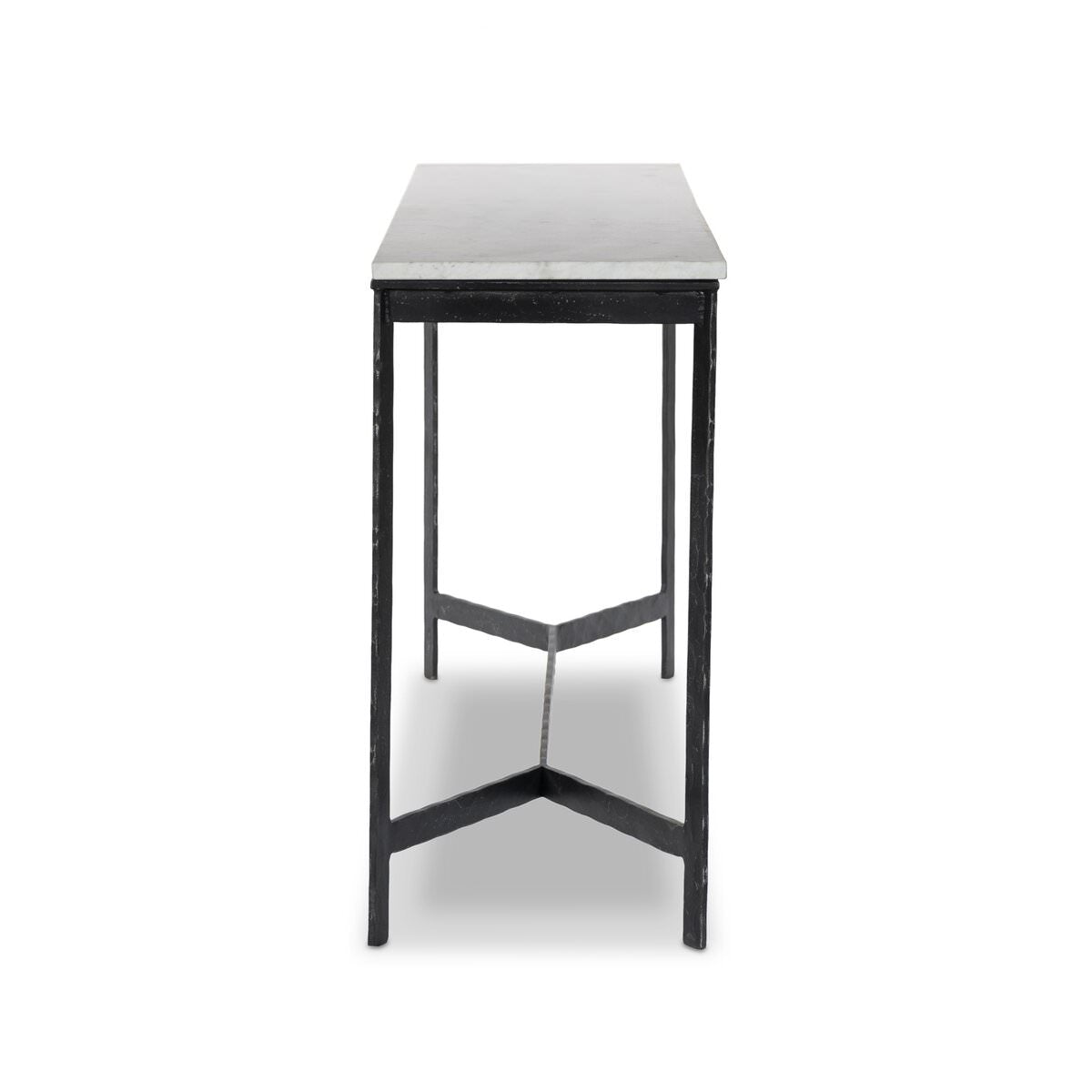 Side of Four Hands Hammered Iron Console Table in White Marble on a white background at Addison West