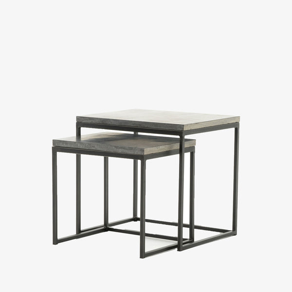 Four Hands furniture brand concrete and black steel Harlow Nesting End Tables on a white background