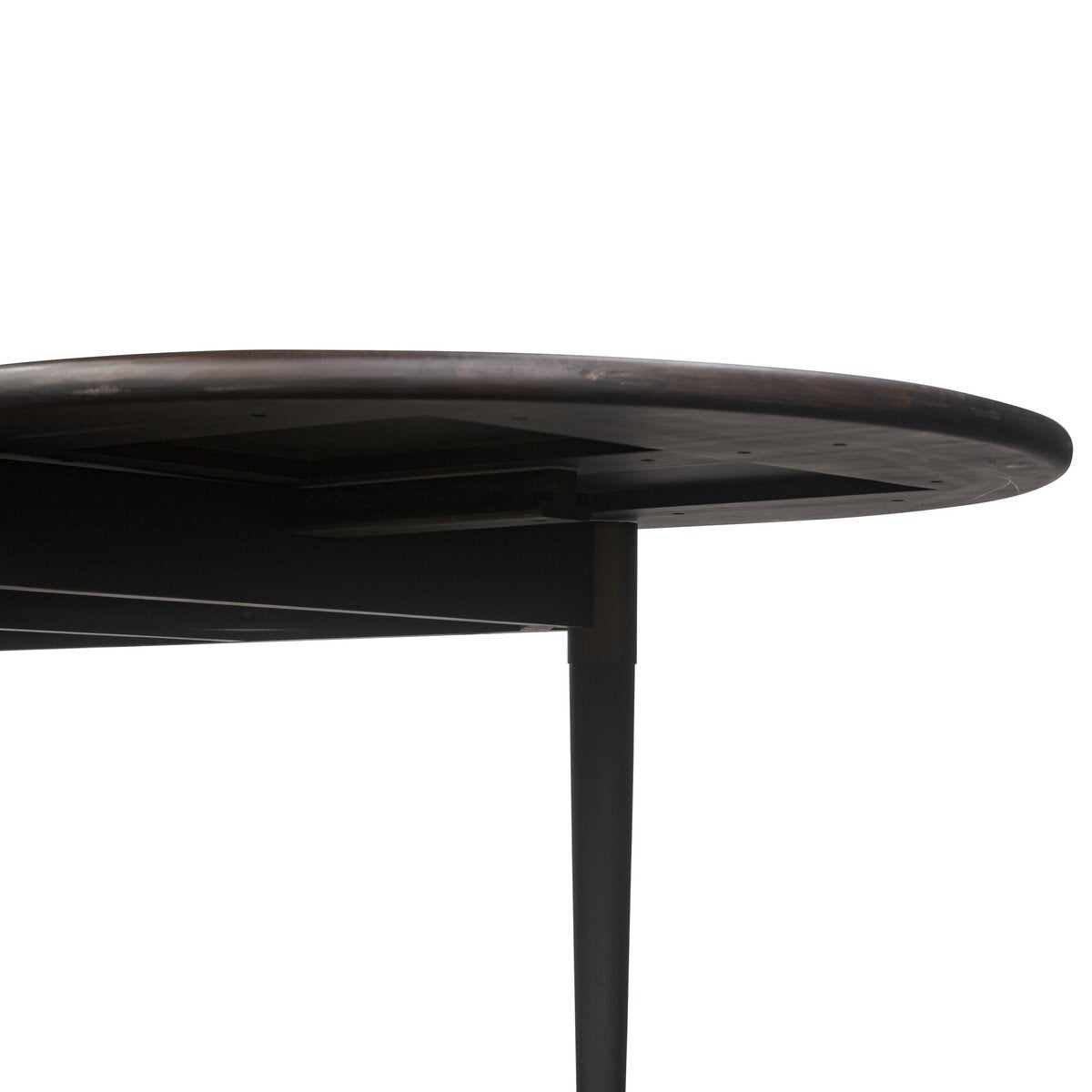 Close up of Four Hands Harper Oval Extension Dining Table 84-104" in Black Mango Veneer on a white background at Addison West