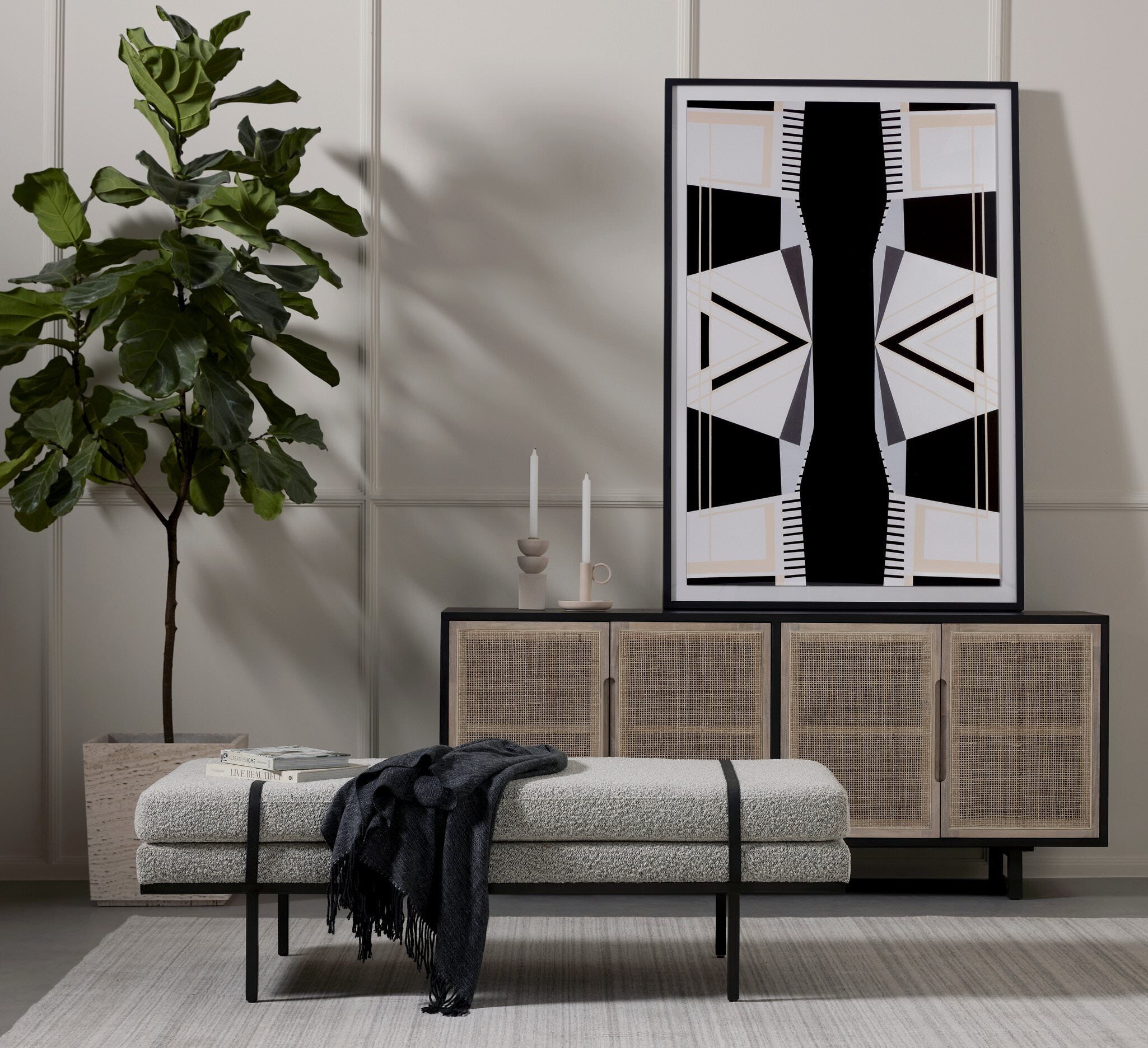 Four Hands Harris Accent Bench in Knoll Domino in living room at Addison West.