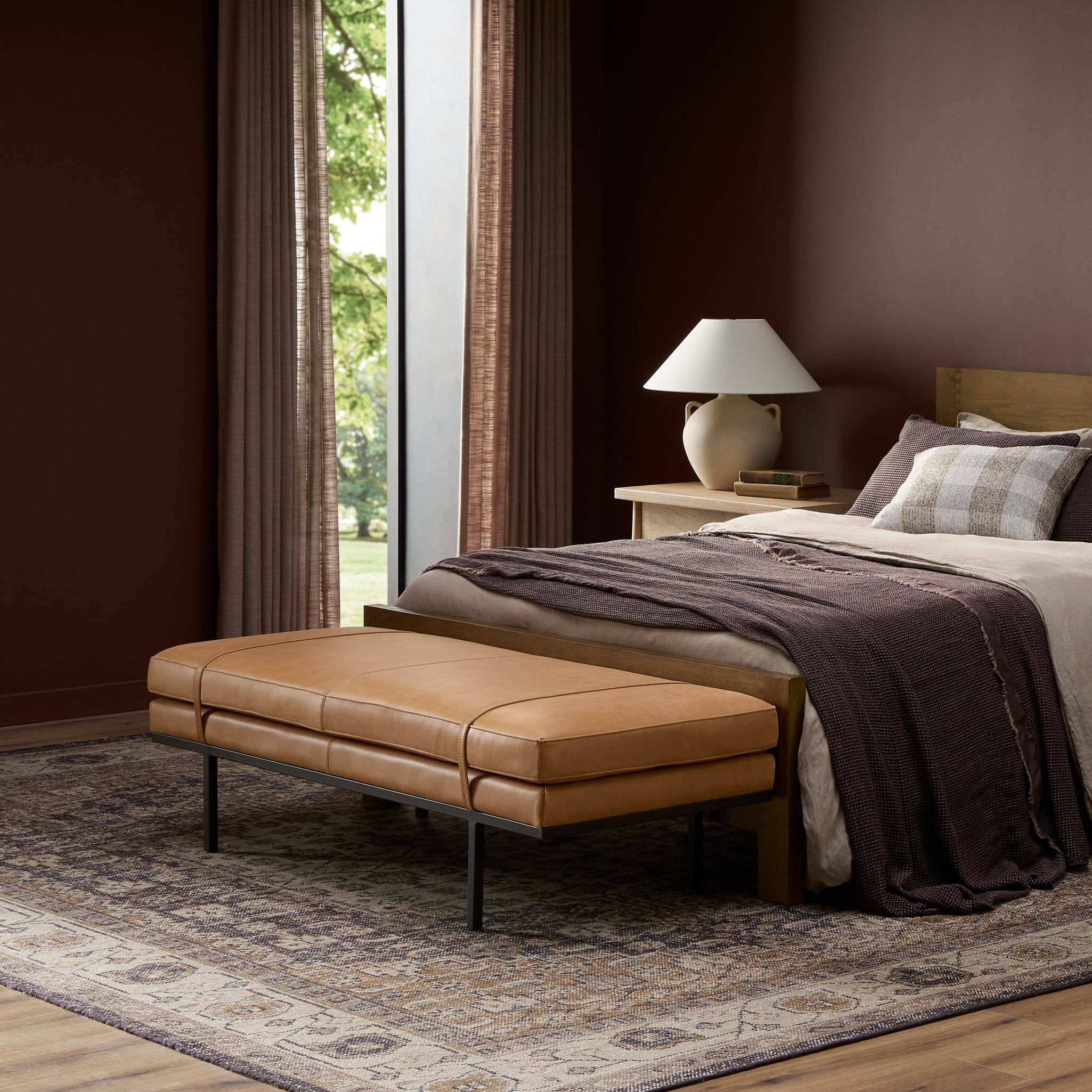 Four Hands Harris Accent Bench in Palermo Cognac in bedroom at Addison West.