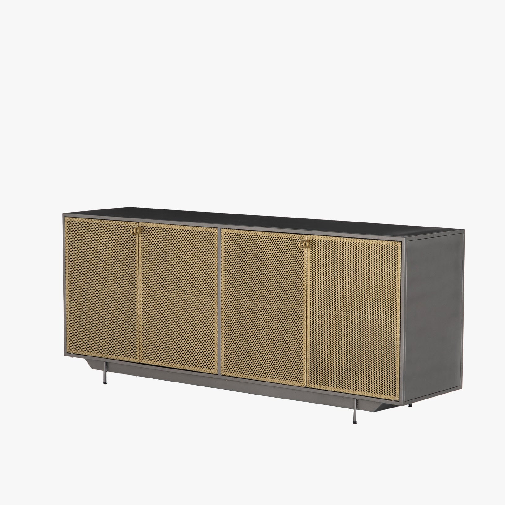 Four Hands Hendrick Sideboard with four perforated brass doors and gunmetal exterior on a white background