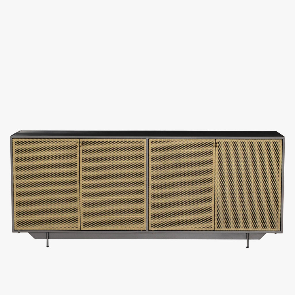 Four Hands Hendrick Sideboard with four perforated brass doors and gunmetal exterior on a white background