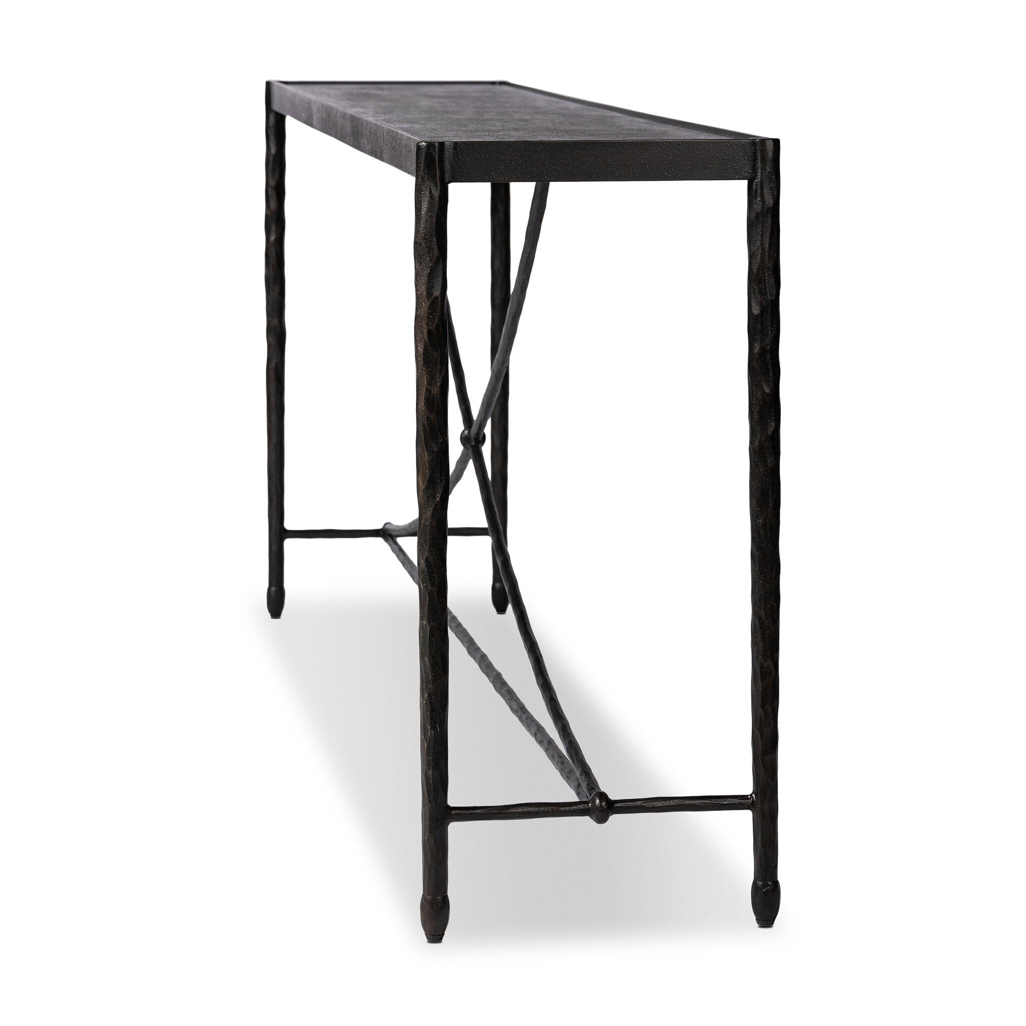 Four Hands Jade Console Table Textured Bronze on white background at Addison West.