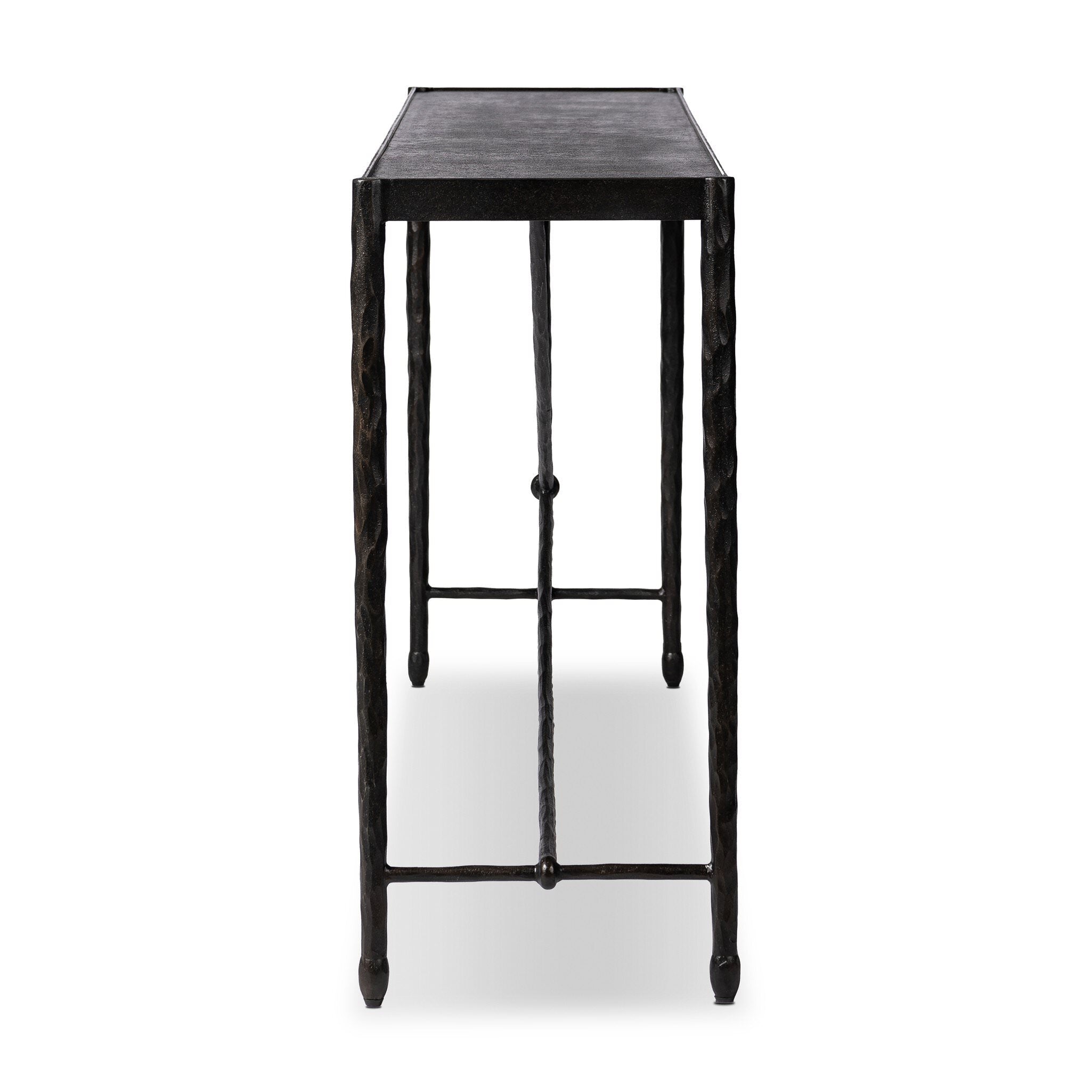 Four Hands Jade Console Table Textured Bronze on white background at Addison West.