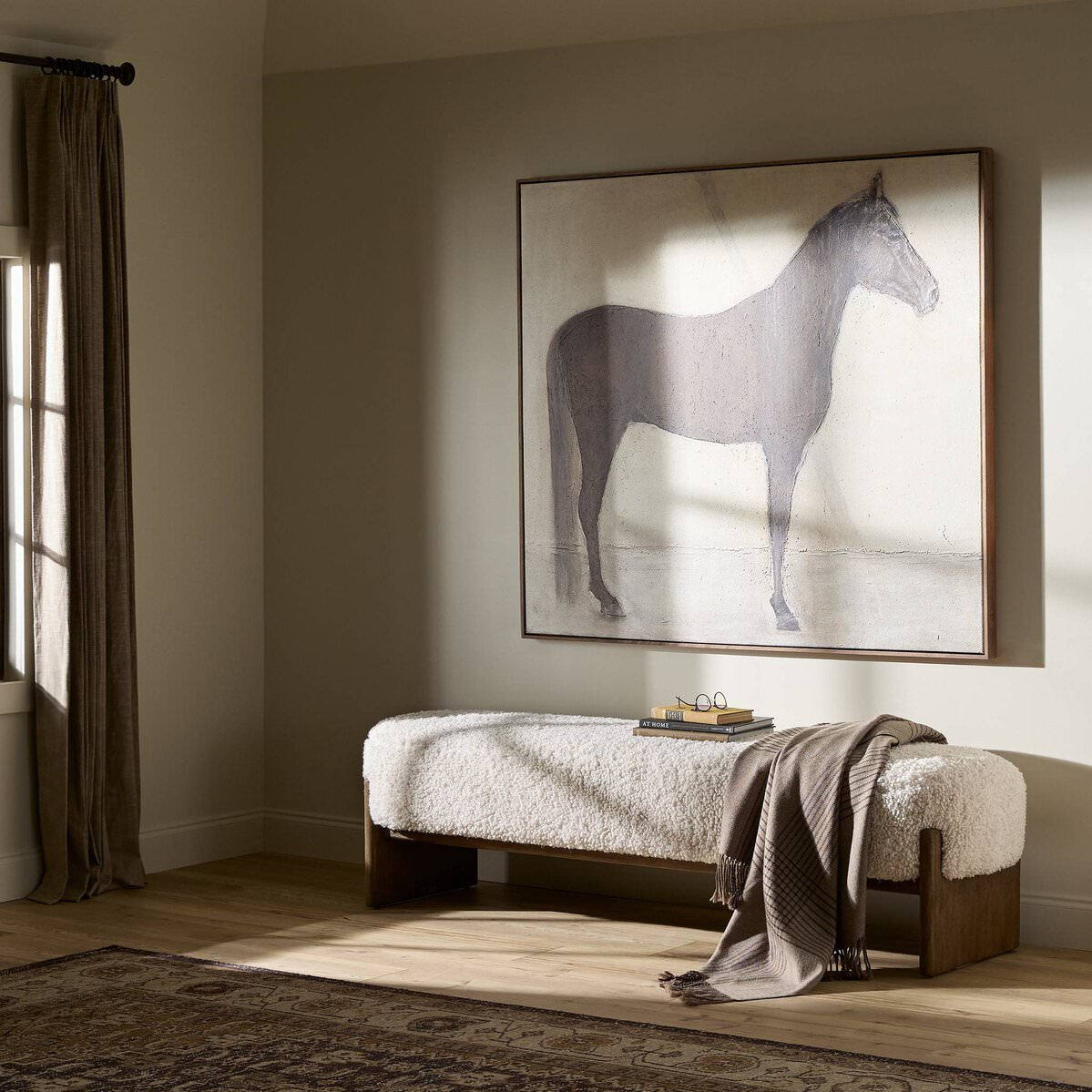 Four Hands Kirby Accent Bench in Andes Natural in a living room at Addison West