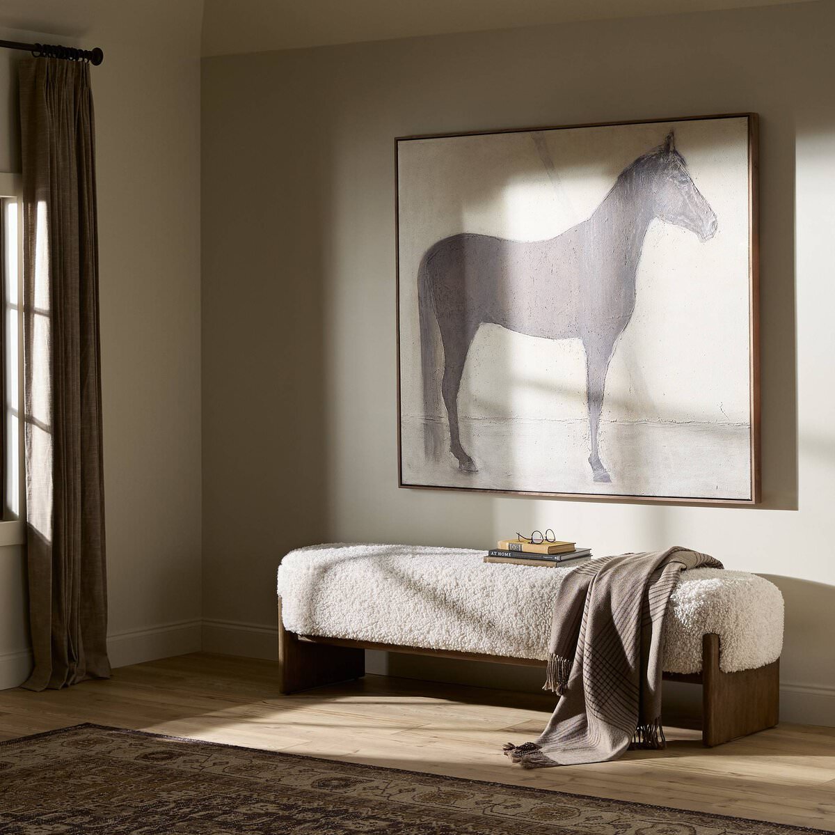 Four Hands Kirby Accent Bench in Andes Natural in a living room at Addison West