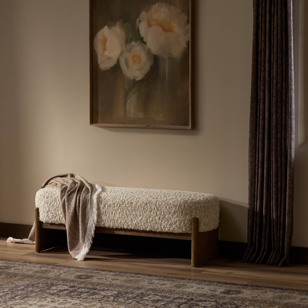 Four Hands Kirby Accent Bench in Solema Cream in a beige room at Addison West