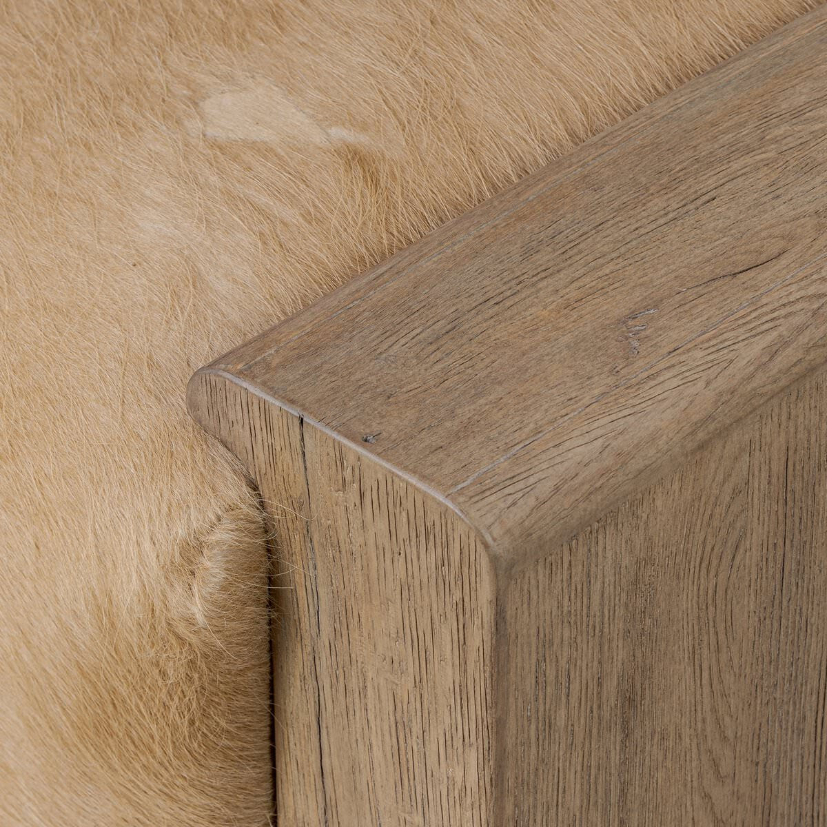 Close up of Four Hands Knox Accent Bench in Light Hair on Hide at Addison West