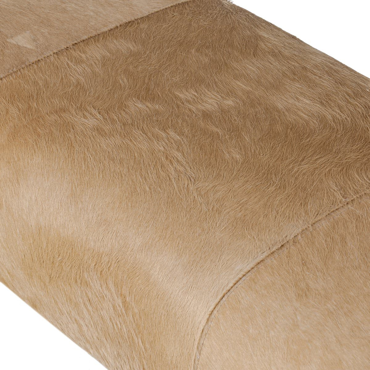 Close up of Four Hands Knox Accent Bench in Light Hair on Hide on a white background at Addison West