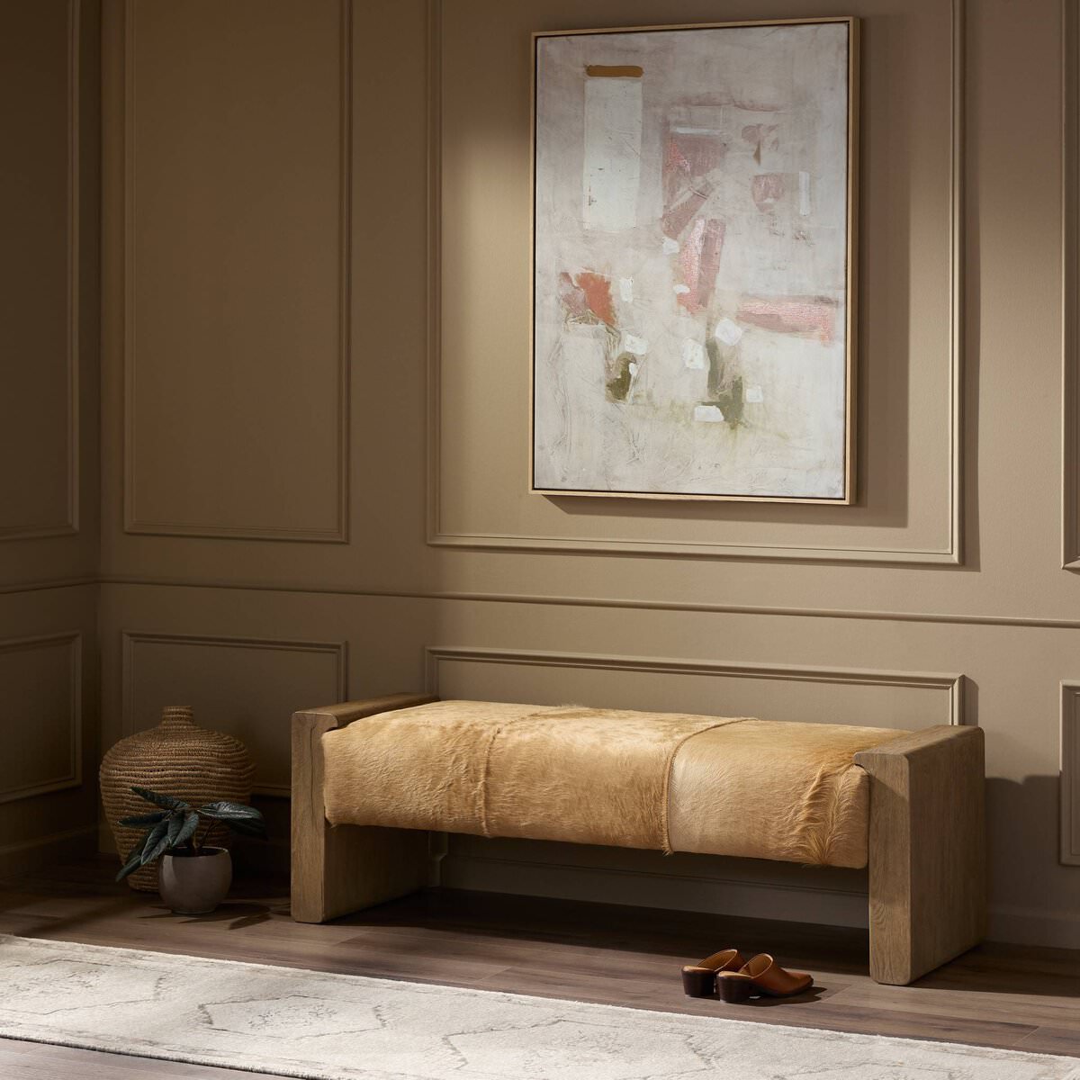 Four Hands Knox Accent Bench in Light Hair on Hide in an entryway at Addison West