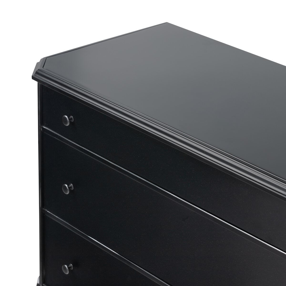 Close up of corner of Four Hands Lendon 6 Drawer Dresser in Black on a white background