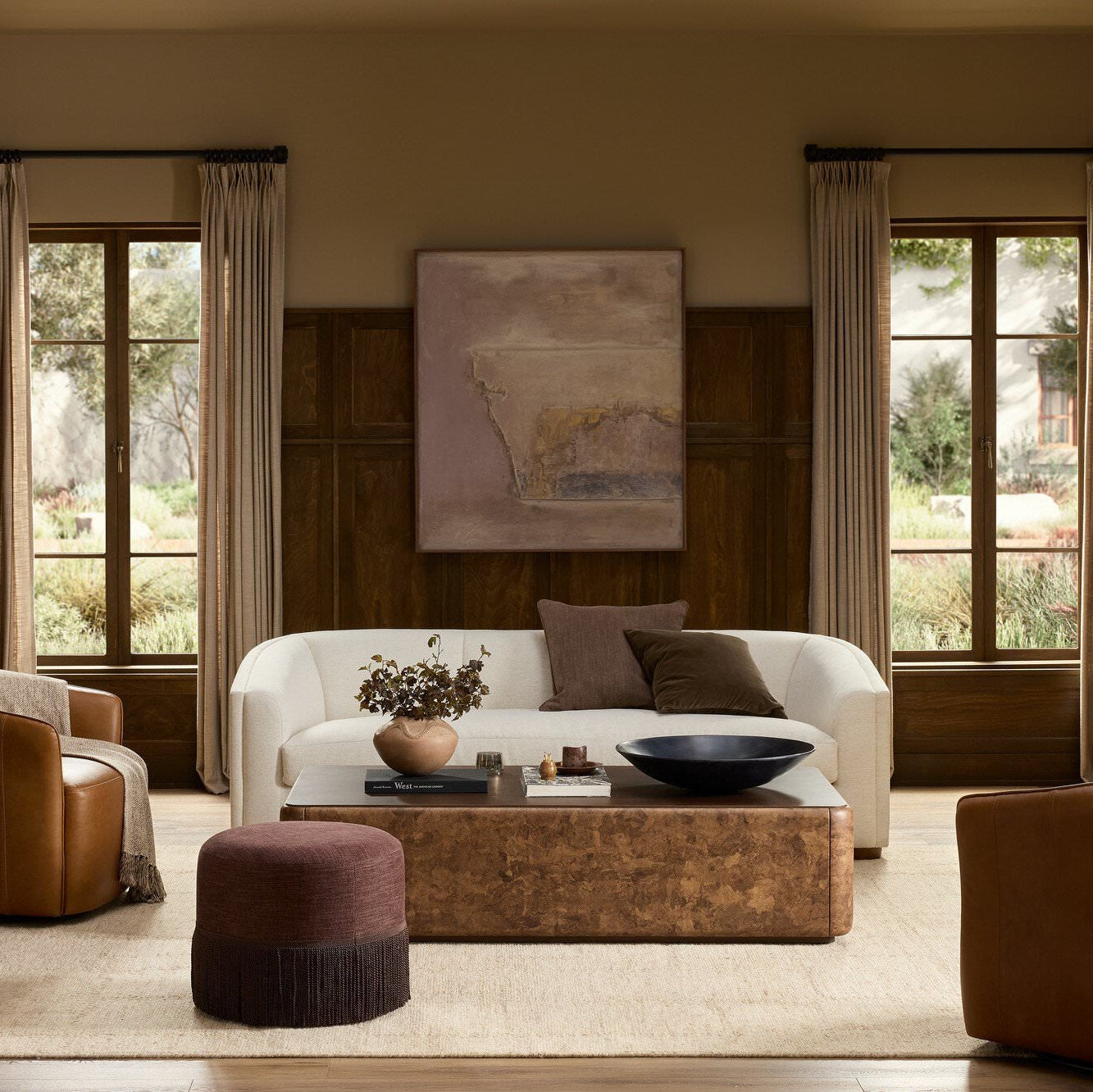 Four Hands Lola Coffee Table in Umber Oak Veneer in a living room at Addison West