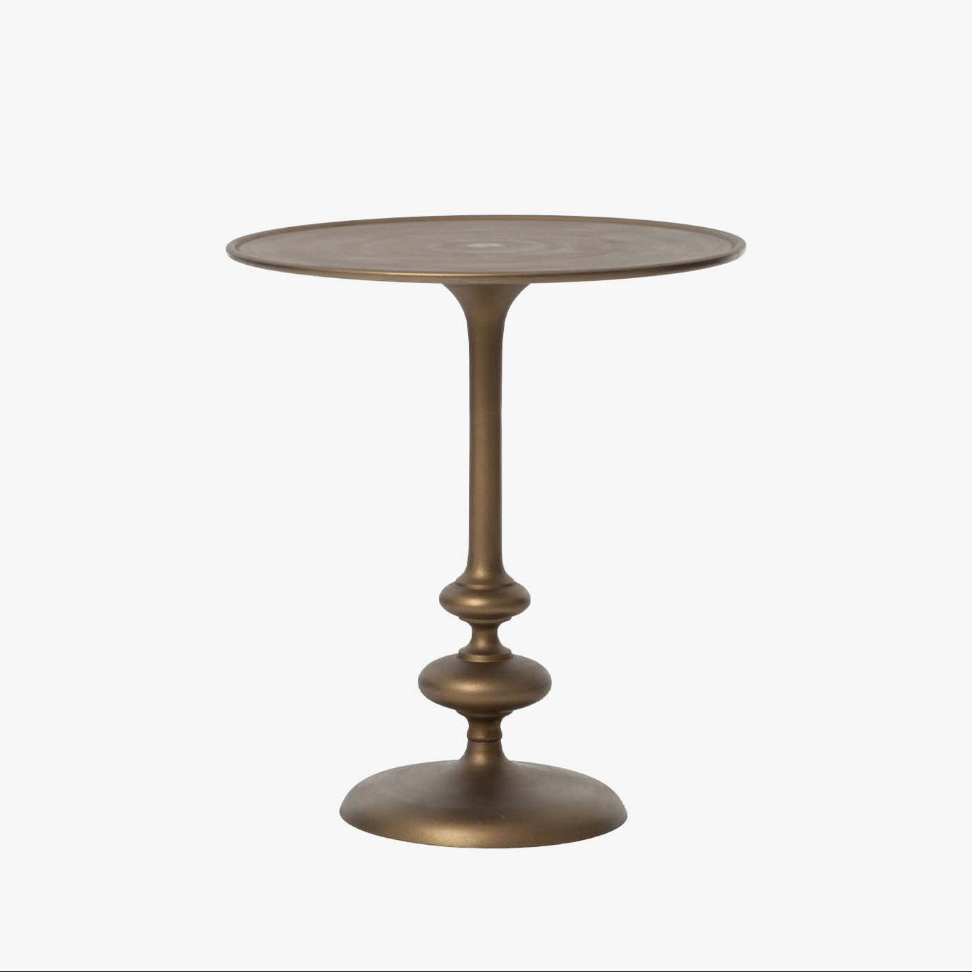 Four Hands Marlow Matchstick Pedestal Table in matte brass on a white background