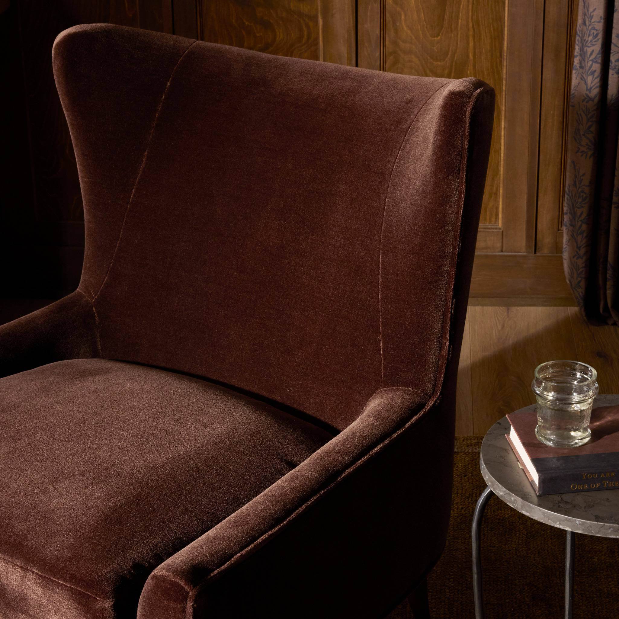Close up of the Four Hands Marlow Wing Chair in Monte Chocolate at Addison West.
