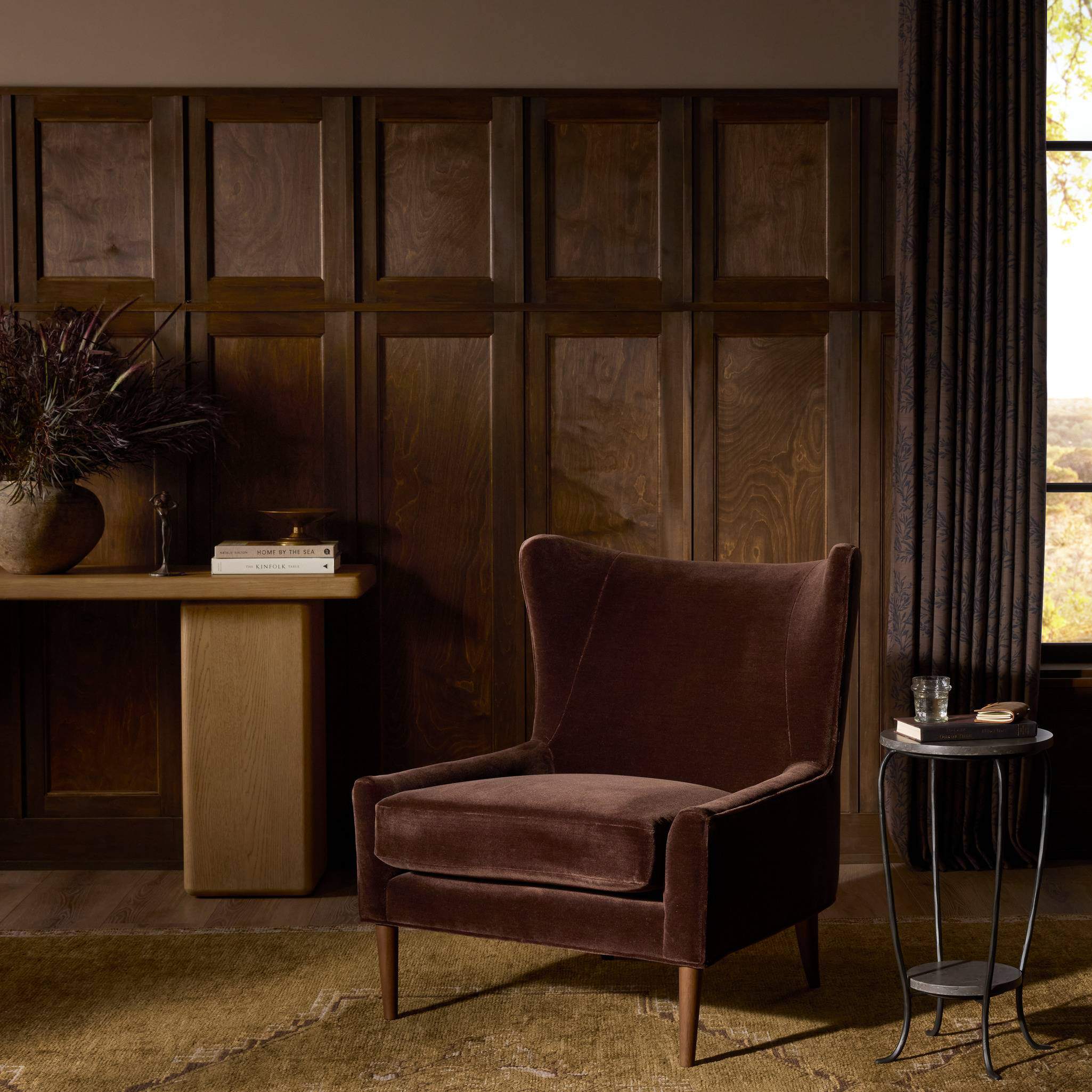 Four Hands Marlow Wing Chair in Monte Chocolate in living room at Addison West.