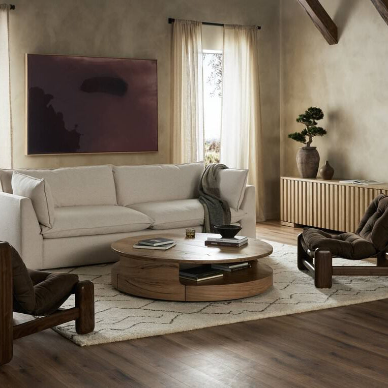 Four Hands Matheus Coffee Table in Natural Reclaimed French Oak in a modern living room
