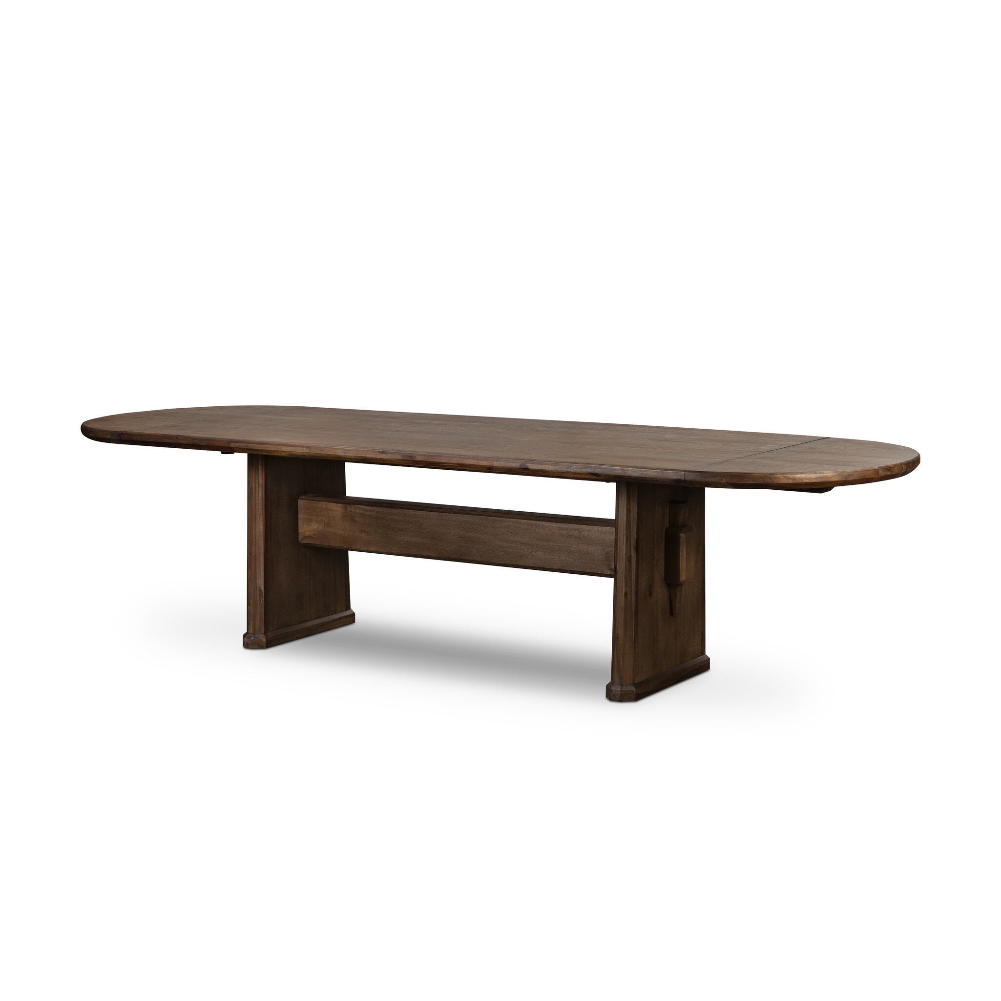 Four Hands Melina Extension Dining Table in Weathered Acacia Veneer on white background at Addison West.