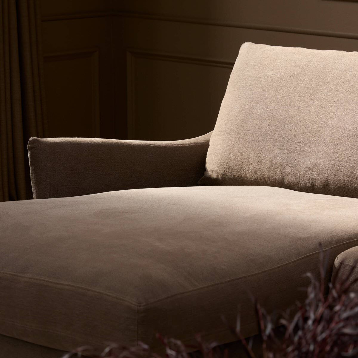 Close up of Four Hands Monette 2-Piece Sectional Left Chaise in Broadway Coffee in a living room at Addison West