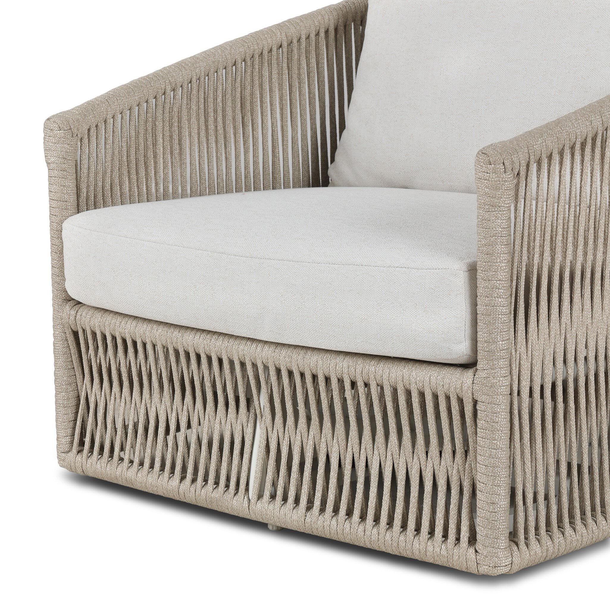 Close up of Four Hands Porto Outdoor Swivel Chair in Alessi Linen on a white background at Addison West